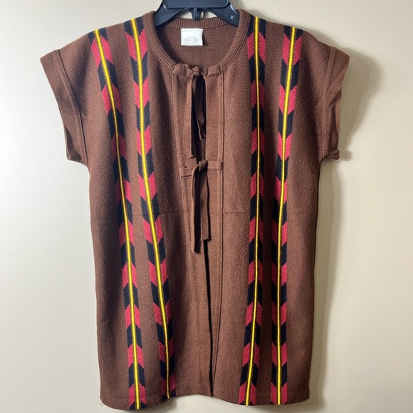 Vintage Boho Southwest Knit Tie Cardigan Brown Earth Tones Geometric Aztec Retro - Picture 10 of 10